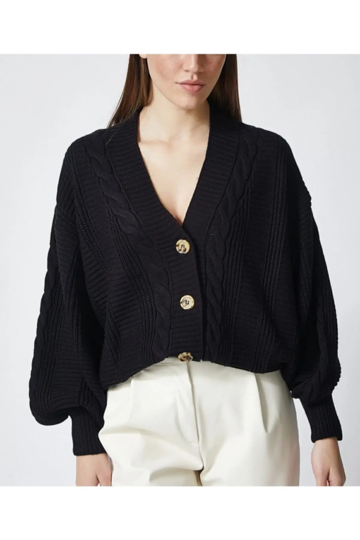 

Women's Cardigan Black Knitted Balloon Sleeve Loose sportswear Casual Knitted Quality Fashion Sweaters Loose Jumper