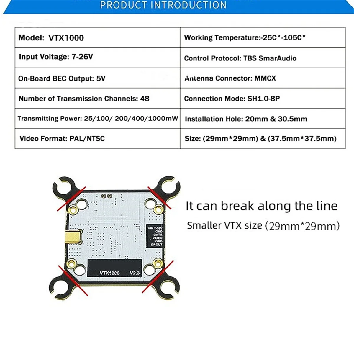 5 8G 1000mW 48CH VTX комплект входное напряжение 7-26V мощность передачи 25/200/400/1000mW для