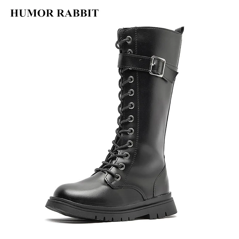 New Zip Kids Leather Boots for Girls High Mid-Calf Platform Boots Autumn Winter Fashion Solid Colors Non-Slip Long Snow Boots