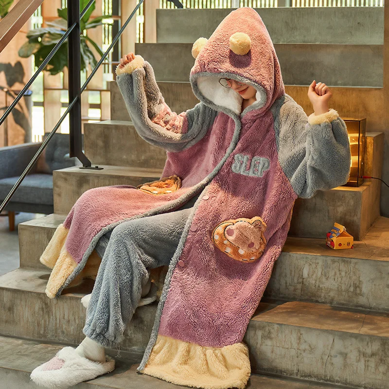 FUNISHI Cartoon Nightdress Winter Pajamas Inspissate Coral Fleece Loose Version Hooded Women Sleepwear Plus Size Pajama Set