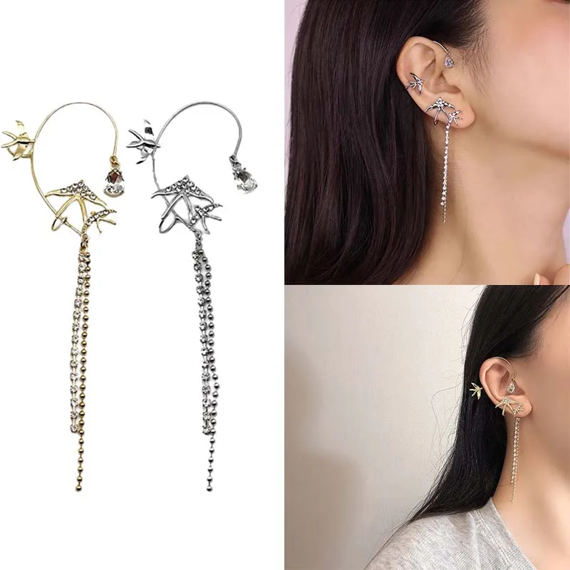 

Elegant Shining Zircon Rhinestone Long Tassel Ear Clip Ear Cuff Exquisite Vintage Clip Earrings Wedding Party Jewelry for Women