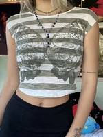 y2k graphic print crop top striped butterfly slim fit tees women vintage kawaii white woman clothing fairy grunge aesthetic goth