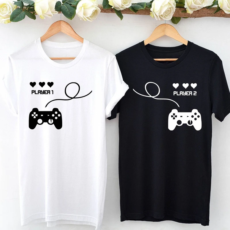 

Couple T Shirt Player 1 and Player 2 Graphic Tshirts Harajuku Women Valentine Day Gift Tops Kawaii Couples Honeymoon Top Shirt