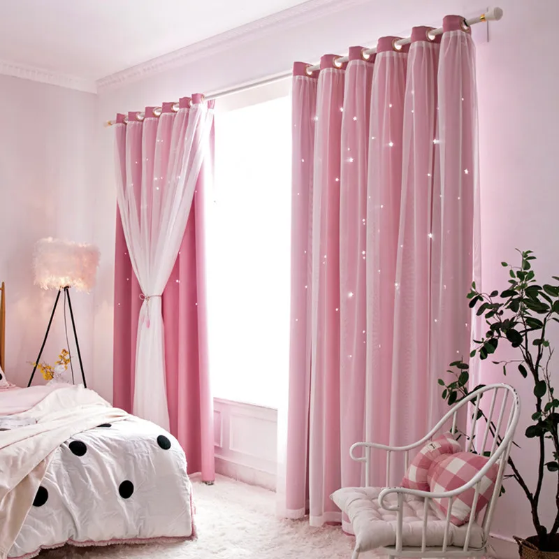 

Hollow Living Room Curtains Set Star Curtain Korean Princess Style High Blackout Double Curtain Finished Product