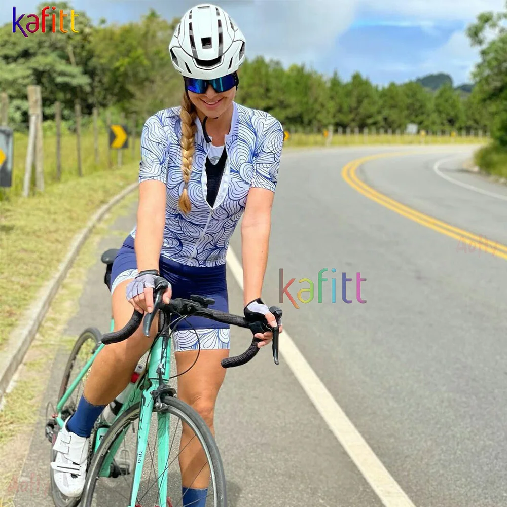 

Kafitt Women's Blue Line Short Triathlon Skinsuit Cycling Jersey Sets Maillot Ropa Ciclismo Bicycle Clothing 20D Jumpsuit Kits