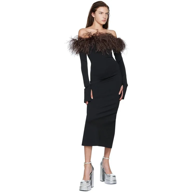 

New Design Women Midi Dress Long Sleeve Off Shoulder Slash Neck Bandage Dress Elegant Feathers Prom Party Vestidos