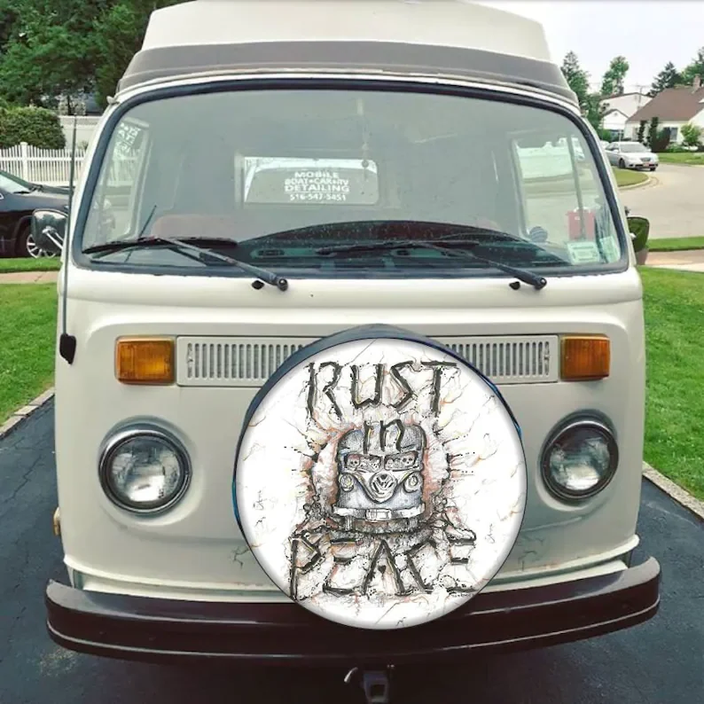 

Rust in Peace Van Bus Spare Tire Cover fit to exact tire size Camper RV Motor home Trailer/Option for backup camera in menu