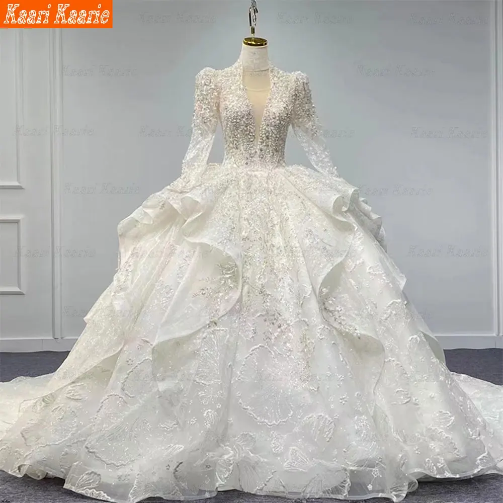 

Gorgeous Romantic New Bridal Wedding Dress Tulle See-through Sense Long Sleeve Beaded Design Hollow Backless Vestidos De Noiva