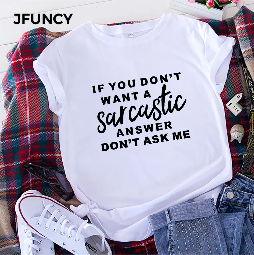 JFUNCY Summer Cotton T Shirt for Women Fun Letter Graphic Print Tshirt Oversized Loose Tees Tops Female T-Shirts Camiseta Mujer