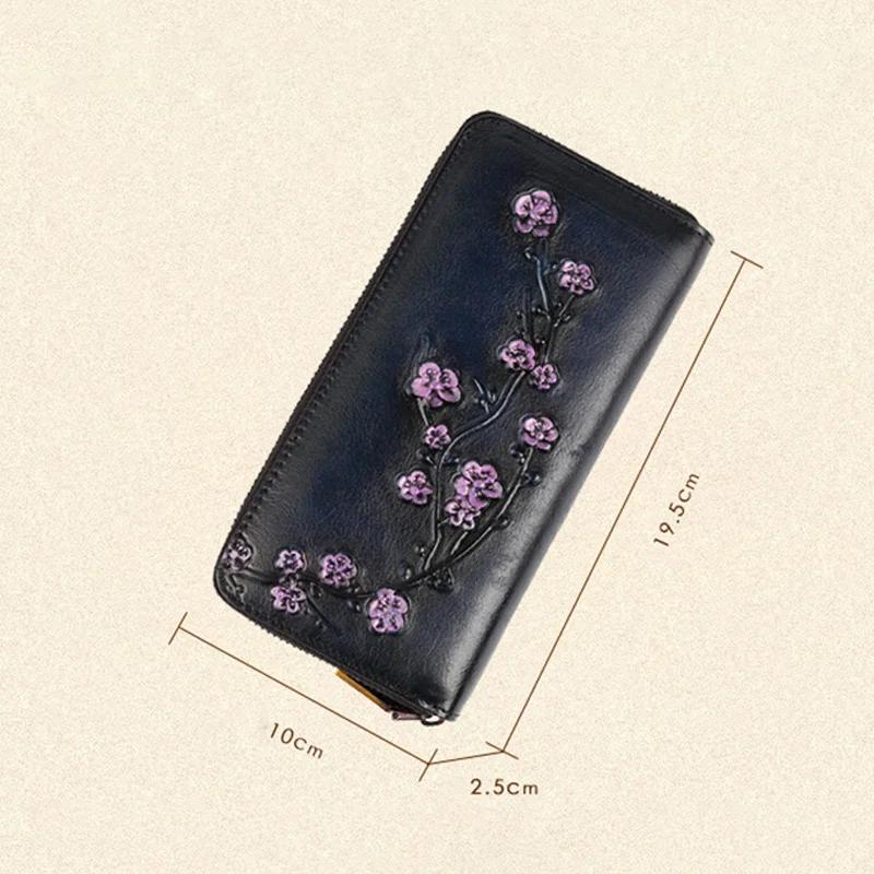 Women Wallet New Fashion Retro Leather Purse Vintage Chinese Style Plum Flower Embossed Female Luxury Zipper Clutch Bag Gift