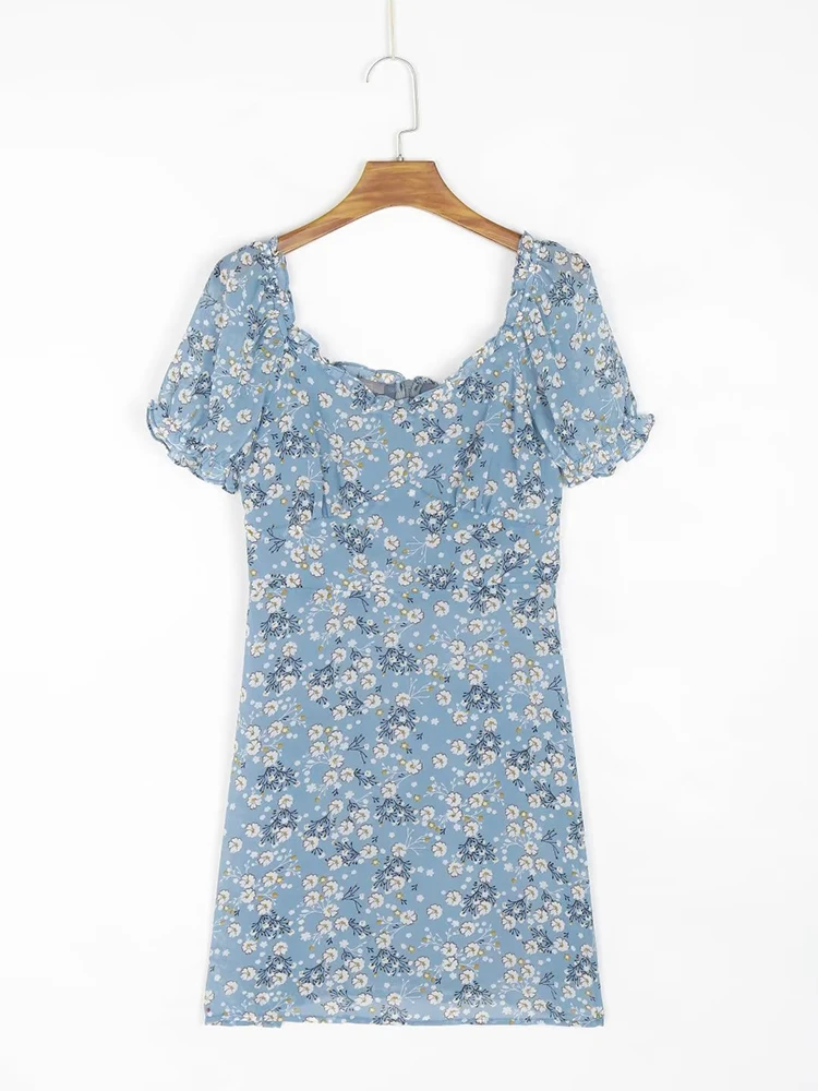 

Women Short Sleeve Blue Chiffon Dress Summer Square Collar Floral Print Elegant Mini Dresses 2022 vestidos