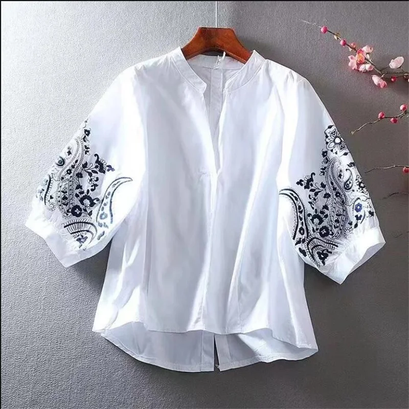 

Cotton Blouses Embroidered V-Neck Shirt Women's 2023 Summer Fashion Retro Western Style Design Sense Capri Lantern Sleeve Top