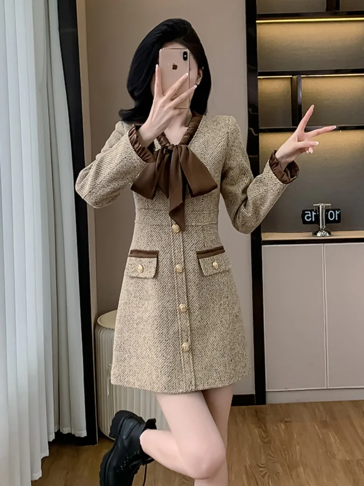 Graceful Waist Hugging Retro Short dress Autumn and Winter New High-Grade Slimming Temperament French sle Slim fit Ribbon d...