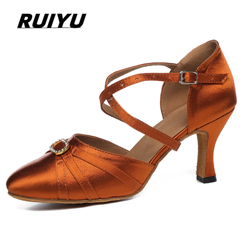 Latin Dance Shoes Ladies Salsa Tango Ballroom Party Sneakers Bronze Rhinestone Satin Girls Sandals High Heel Dancing Shoes