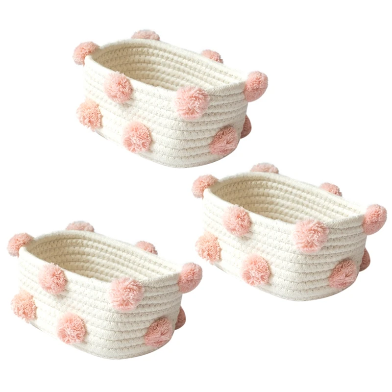 

AFBC 3X Cotton Woven Storage Basket Cute Pompom Decor Sundries Finishing Box Nordic Cosmetic Toys Organizer Frame Pink S