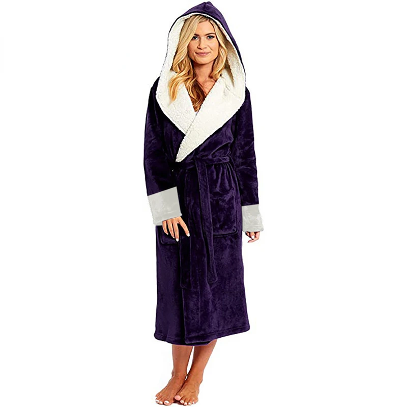 

Bathrobe Women Hooded Fleece Warm Thicken Robe Sleepwear Winter Nightwear Soft Gown Long Robes Autumn Nighty Nightgown Homewear