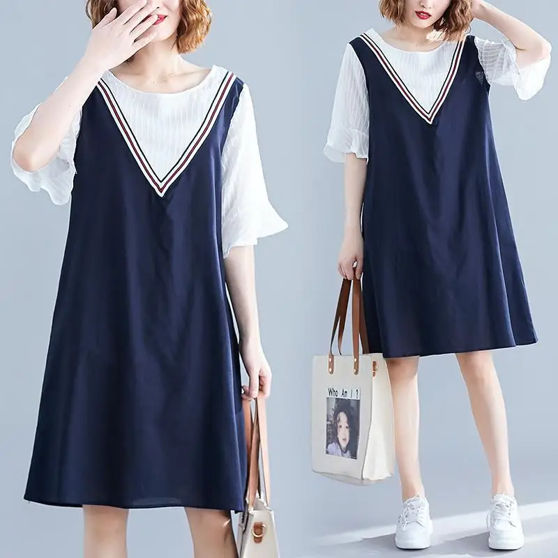 

2022 Plus Size Women's Summer New Loose Fat MM Fake Two-piece Contrast Stitching Linen Long Dress