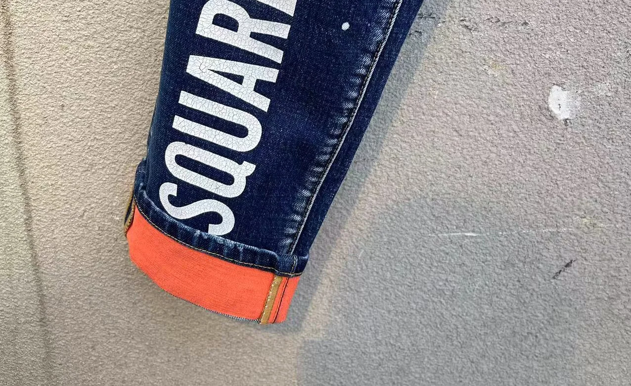 2023 Spring/Summer New D2 Jeans Men's Trendy Men's Washable Worn Hole Patch Paint Fashion Print Small Feet Blue
