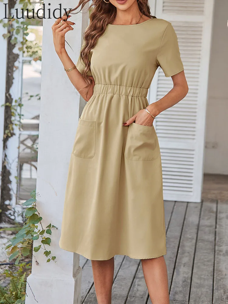 

Женское облегающее платье-трапеция, элегантное дизайнерское платье с коротким рукавом и карманами, платья миди на завязках с пуговицами сз...