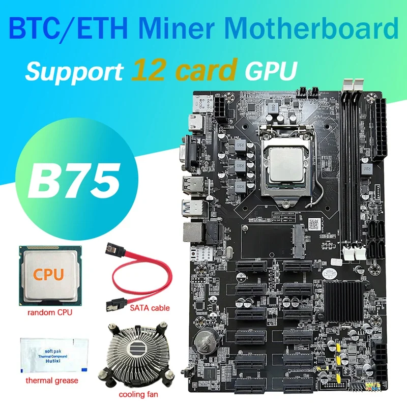 12 PCIE B75 BTC Mining Motherboard Set+CPU+Fan+Thermal Grease+SATA Cable 12 PCI-E(To USB3.0)LGA1155 DDR3 MSATA ETH Miner