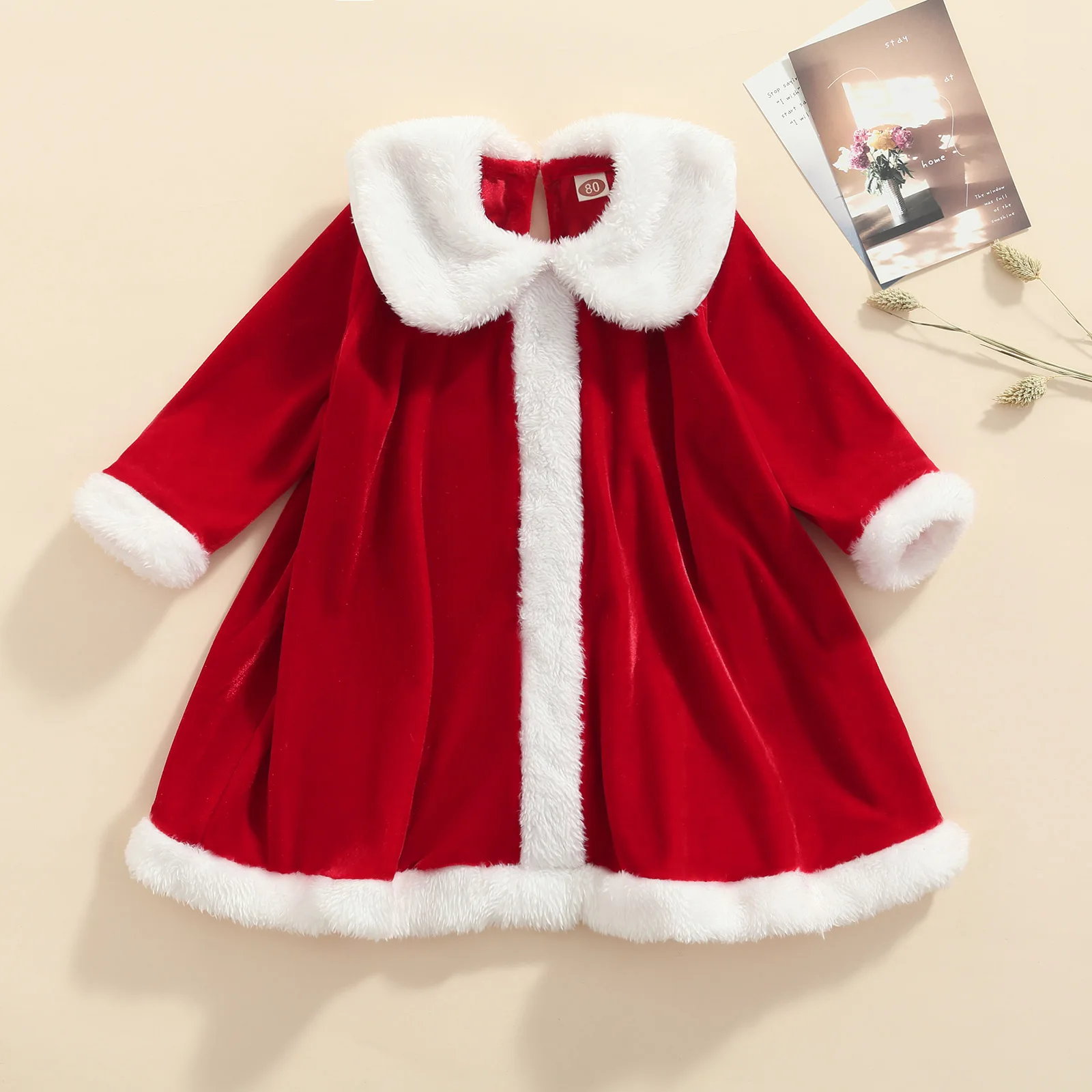 

Coral Fleece Christmas Coat Baby Kids Girls Dress Outwear Splicing Color Peter Pan Neck Long Sleeves Skirt for 6M to 4 Years
