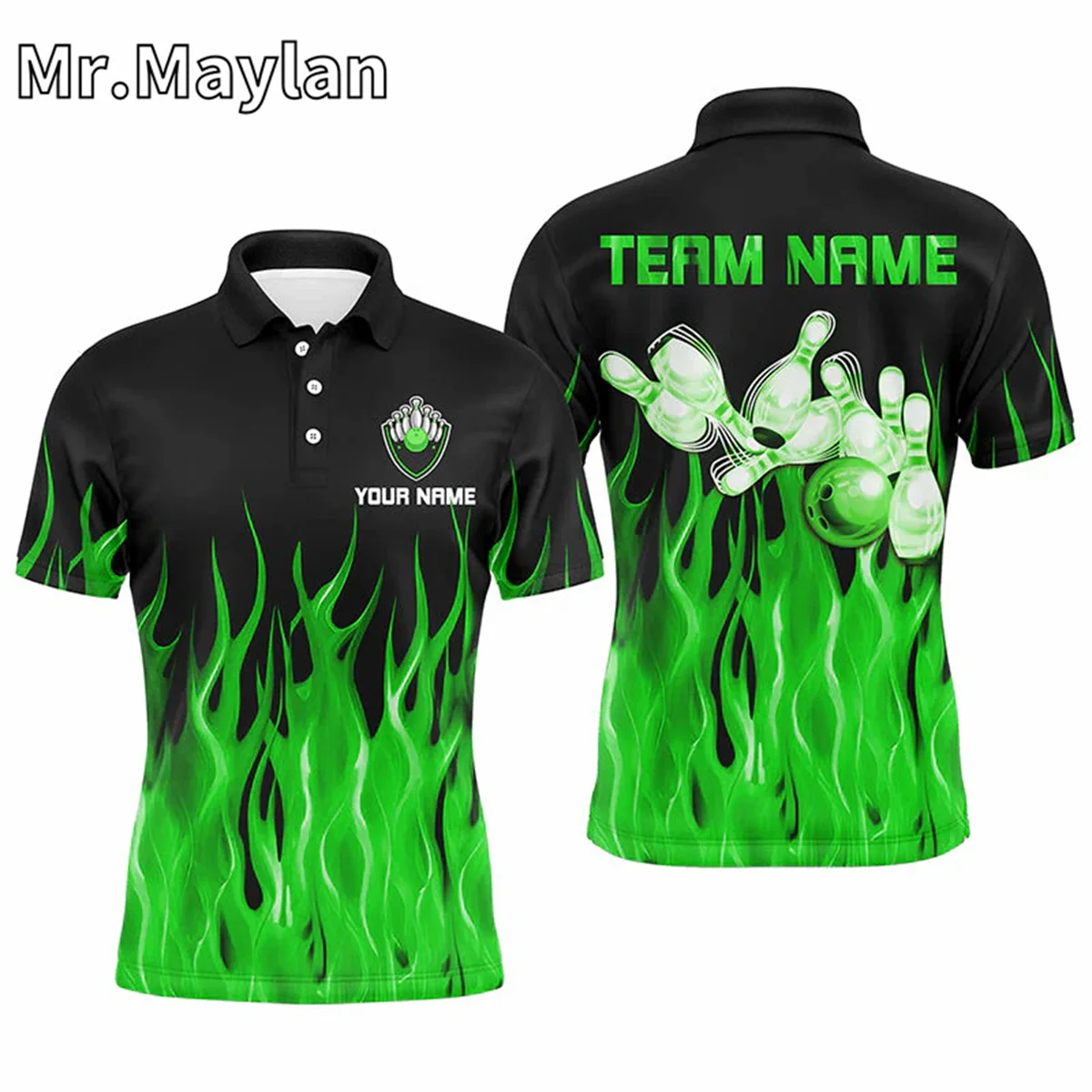 3D зеленый Пламя Череп Боулинг шар Мужские Спорт рубашки поло пользовательские