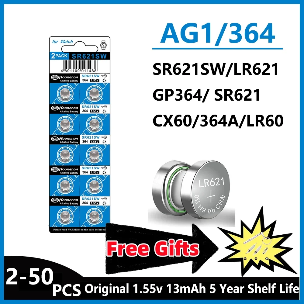 Фото Большой емкости 5-50 шт. SR621SW AG1 LR621 364 363 LR60 164 1,5 V стандартная Серебряная батарейка для часов с 1 шт. подарка №1