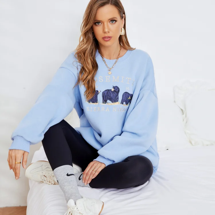 

Baby Blue Thick Fleece Letter Embroidered Pullover Cotton Oversize Urban Clothes Women Sweatshirt Streetwear Urban Retro Style