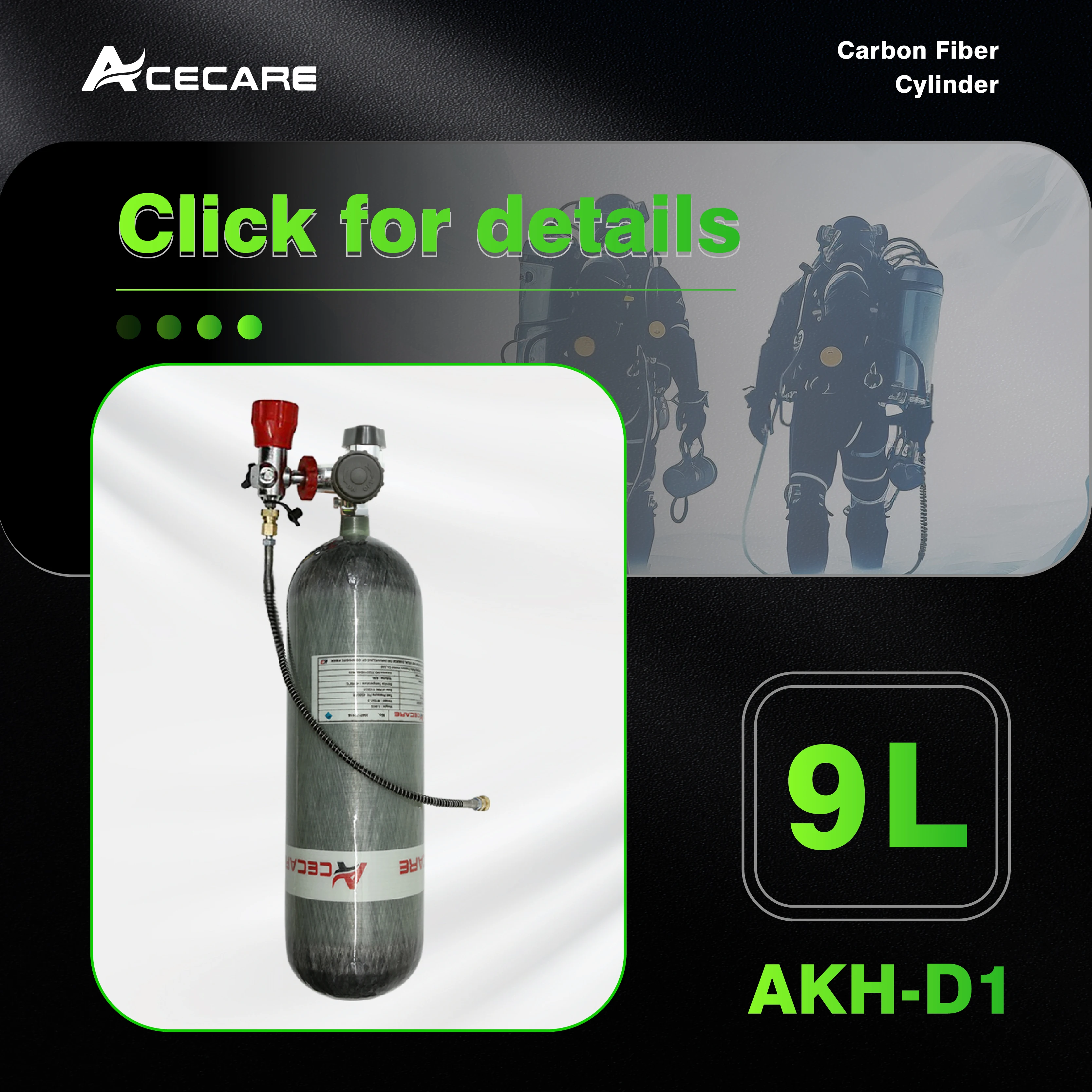 

ACECARE 9L 300Bar 30Mpa 4500Psi Carbon Fiber Gas Cylinder HPA Air Tank Diving Bottle M18*1.5 with Valve and Filling Station