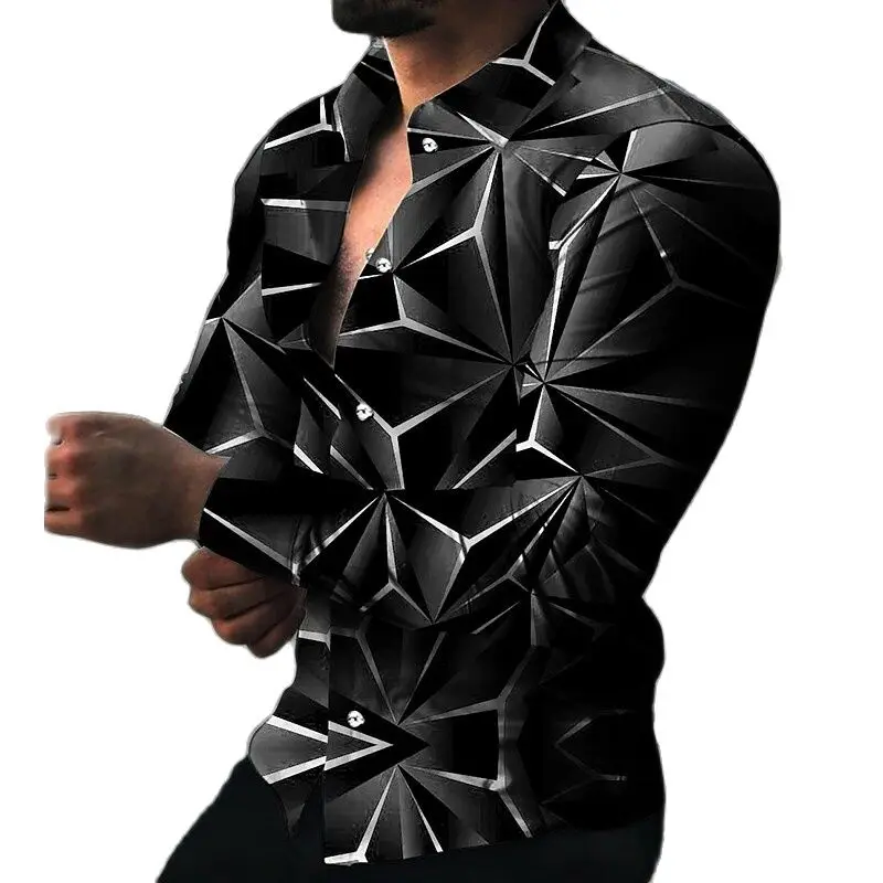 

Модная мужская рубашка с геометрическим рисунком для работы и отдыха, однобортная Мужская рубашка из дышащего материала с длинными рукавам...
