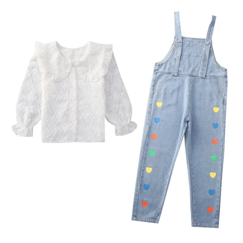 Teenage Girls Sets 2022 Spring Long Sleeve Blouses and Suspender Heart Print Children's Cute Suits Casual Loose Kids Tracksuits