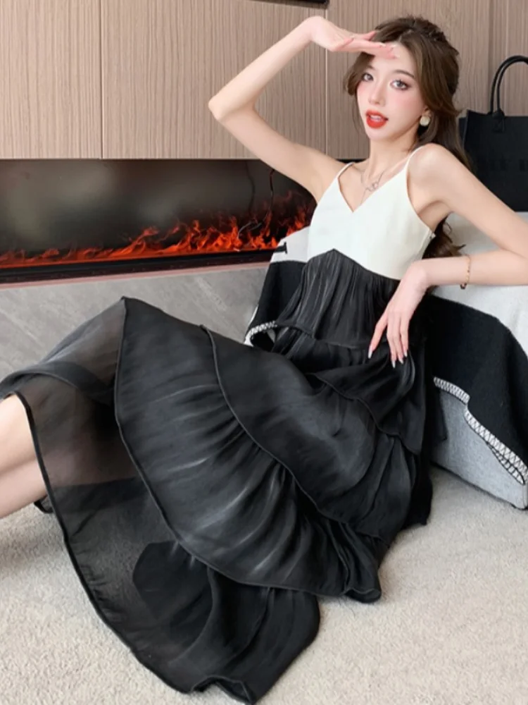 

White Patchwork Ruffles Long Slip Dress For Women 2023 Summer Designer Vacation Holiday Midi Dress Clothing