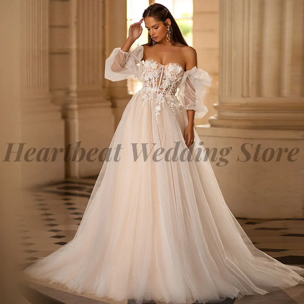 

2023 Detachable sleeves Wedding Dress for Women A-Line with Applique Sequins Beads Court Train Sweetheart and Backless Gorgeous