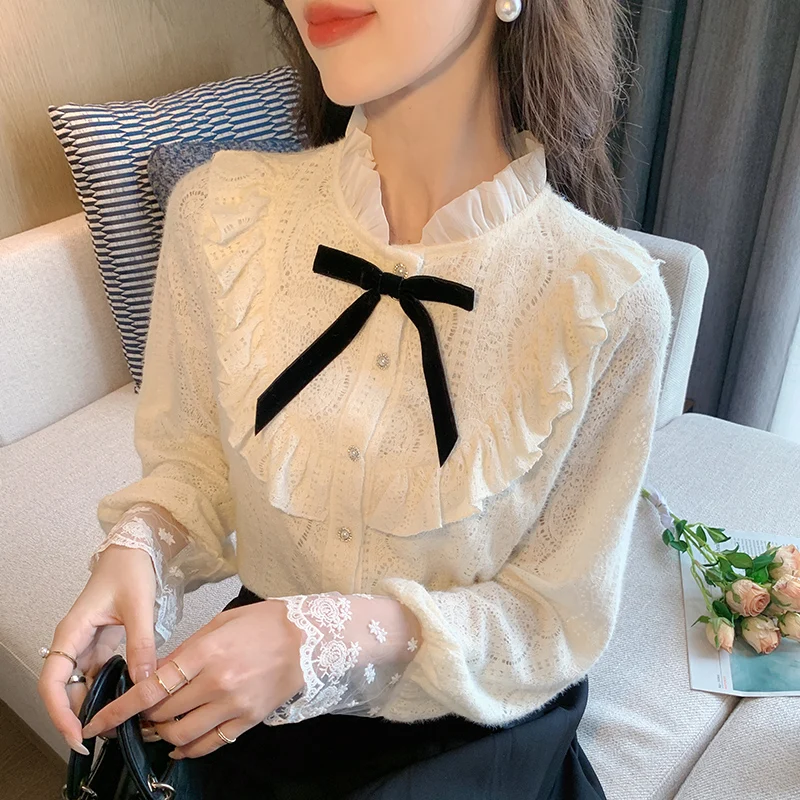 Новая женская рубашка с длинным рукавом и оборками кружевная бантом блузка