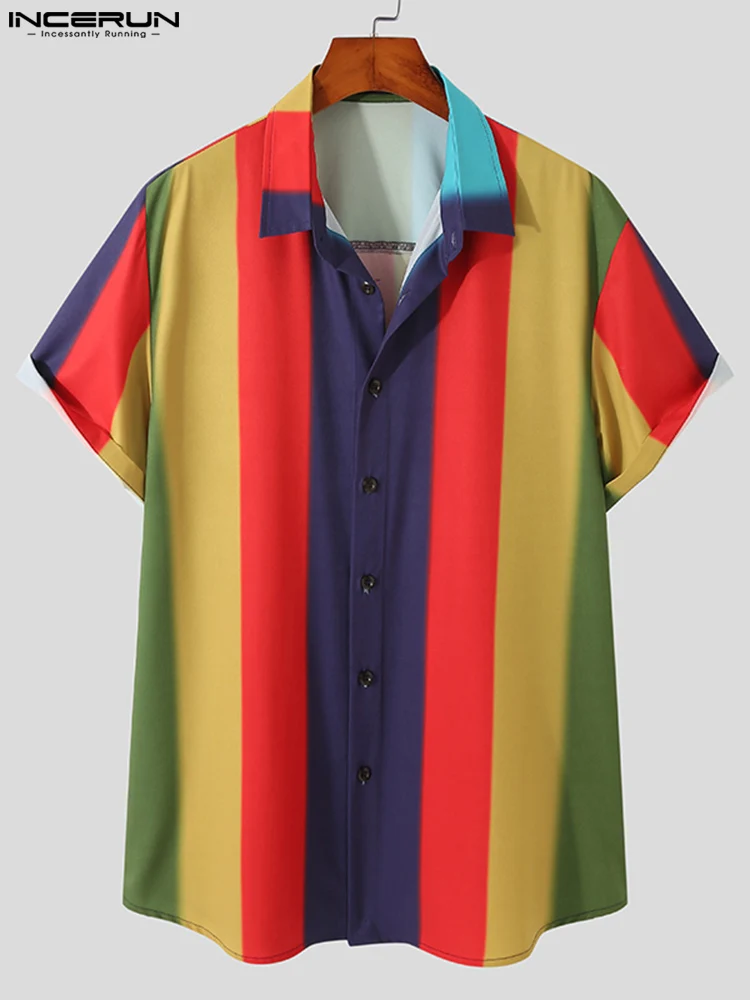 

INCERUN Men Striped Shirt Streetwear Lapel Short Sleeve Men Clothing 2022 Fashion Summer Casual Hawaiian Shirts Camisas S-5XL