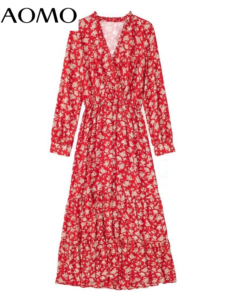 

AOMO Women Fashion Ruffles Red Flowewrs Print Midi Dress Vintage V Neck Long Sleeve Female Dresses Vestidos 3H340A