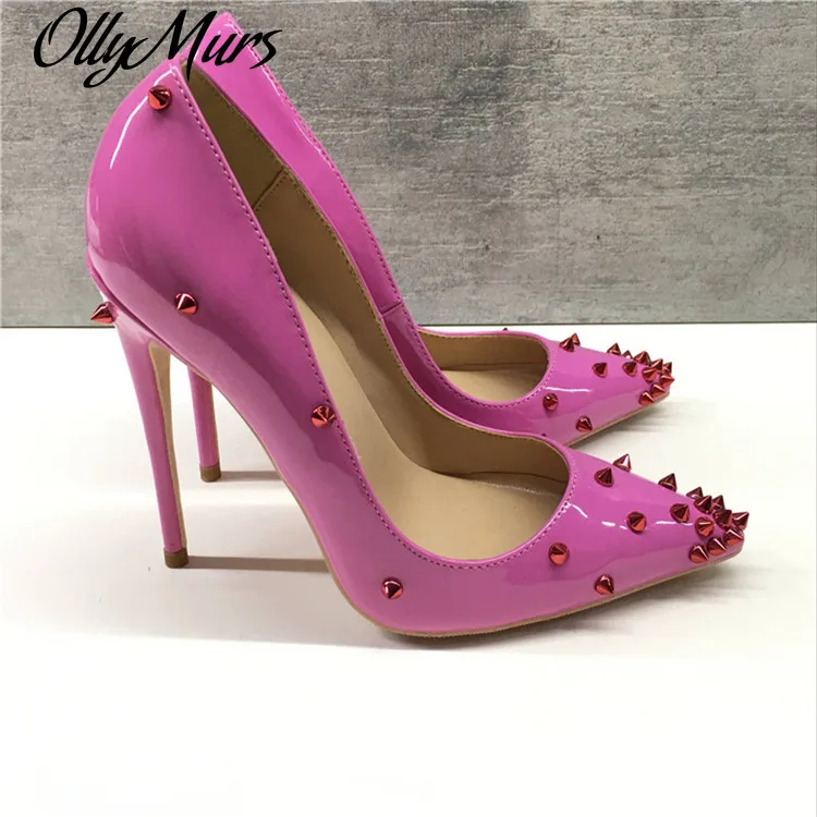 

Ollymurs New High Heels Women Pumps Pink Spring Pointed Toe Sexy 12CM 10cm 8cm Punk Rivets Studs Stiletto Wedding Shoes
