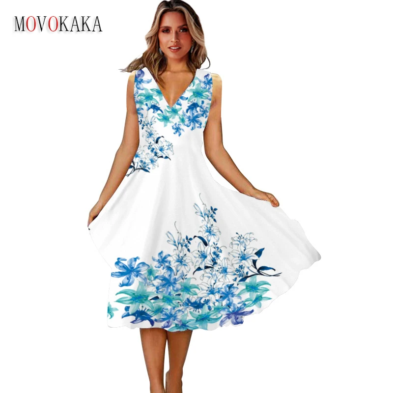 

MOVOKAKA Summer Woman Elegant Dress Party Sleeveless Holiday Casual Beach Vestidos Flowers Printing V Neck Vintage White Dresses
