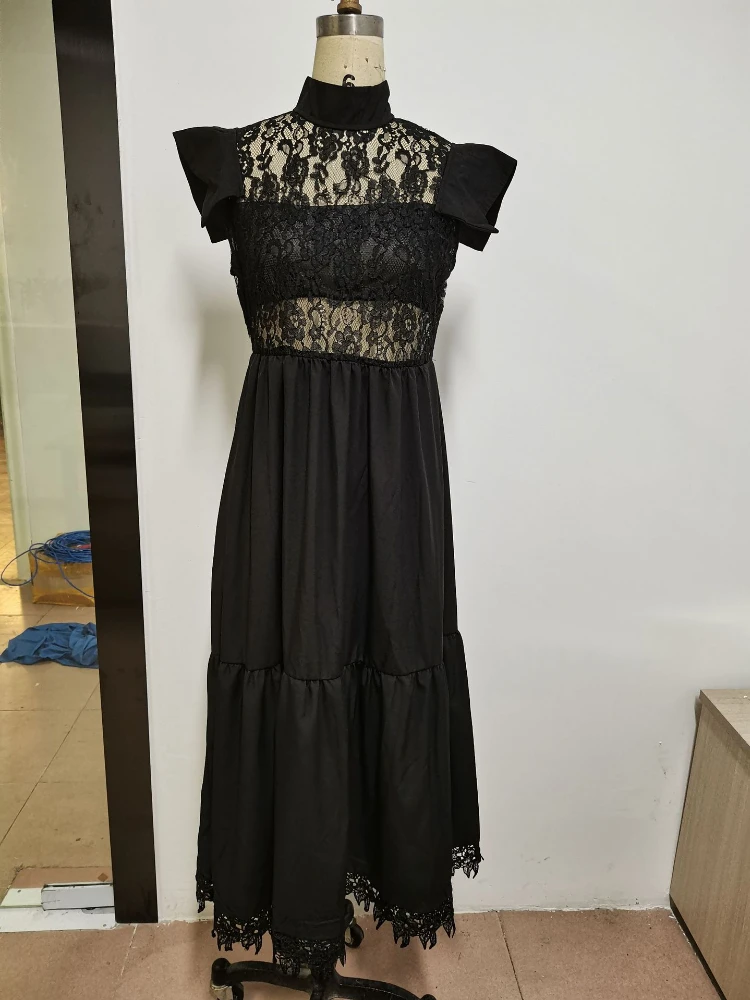 

Women Black Dress See Through Lace Patchwork Pleated A Line Midi Dress Summer Sleeveless Retro Party Club Classy Vintage Dresses