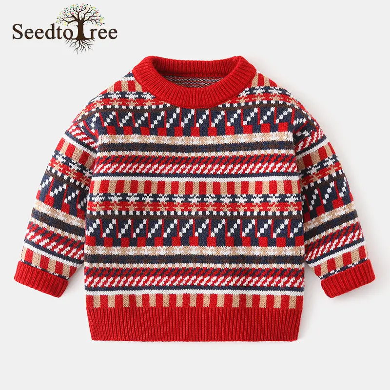 

Autumn and Winter 2-8Y Children's Sweaters Casual Stripe O-neck Long Sleeves Knitted Pullover Kids