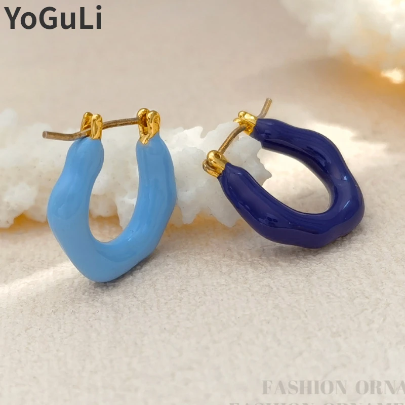 

Fashion Jewelry Pretty Design Metal With Coating Blue Color U Shape Asymmetrical Earrings For Women Girl Party Gift Accessories