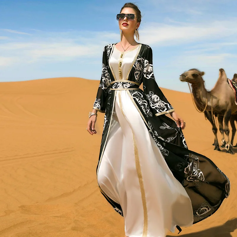 Embroidered 2 Piece Muslim Sets Women Open Abaya with Satin Slip Long Dress Matching Kaftan Party Suit Turkey Dubai Abayas 2023