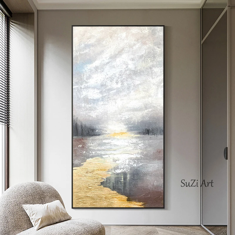 

Hand Painted Abstract Oil Painting Golden Foil Modern Wall Art Home Decor Picture On Canvas Vertical Hanging Mural Frameless