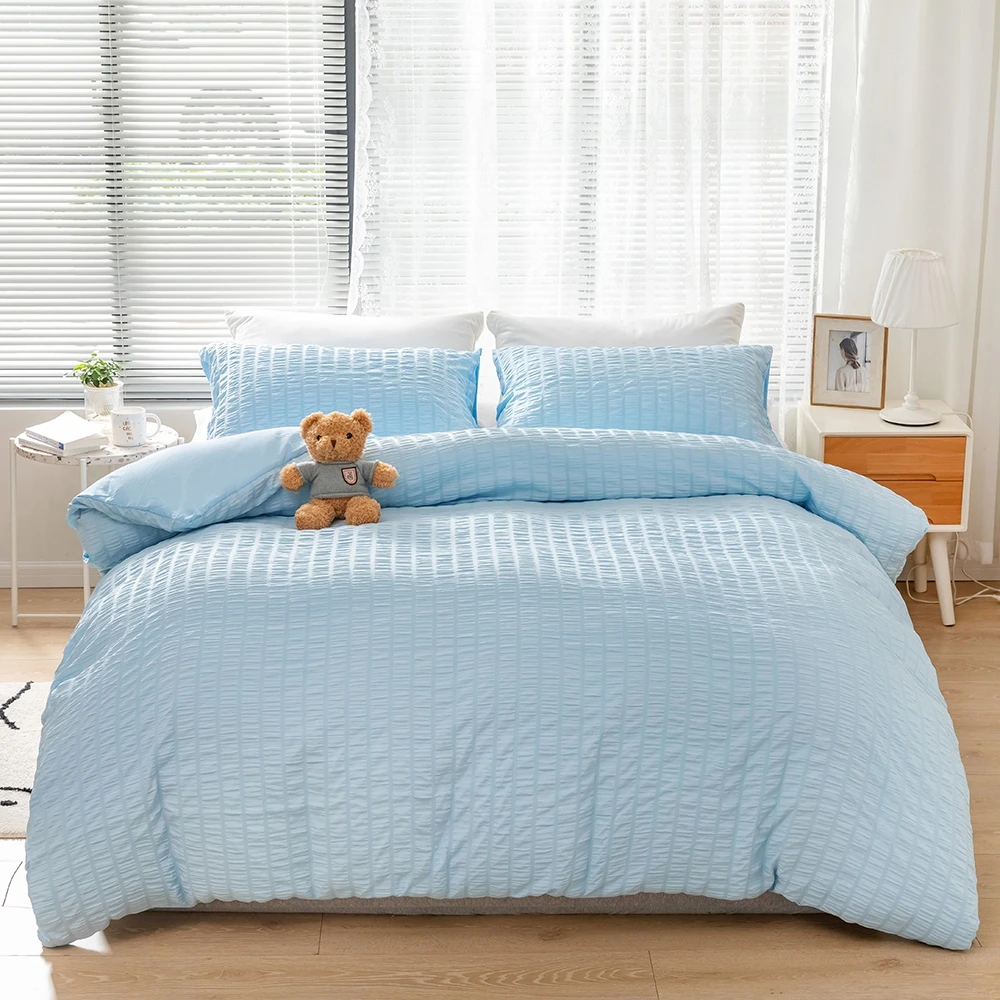 

Evich Seersucker Material Sky Blue Comforter Bedding Sets High Quality Current Season Fashion Quilt Cover Pillowcase Homehold