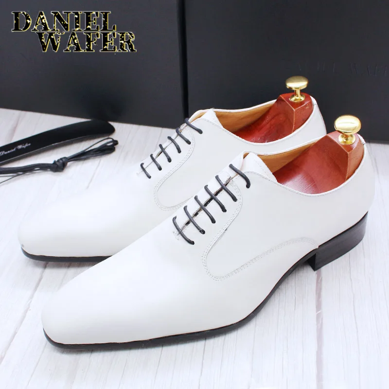 Luxury Brand Men Oxford Shoes White Black Brown Mens Dress Office Wedding Formal Shoes Lace Up Pointed Toe Leather Shoes for Men