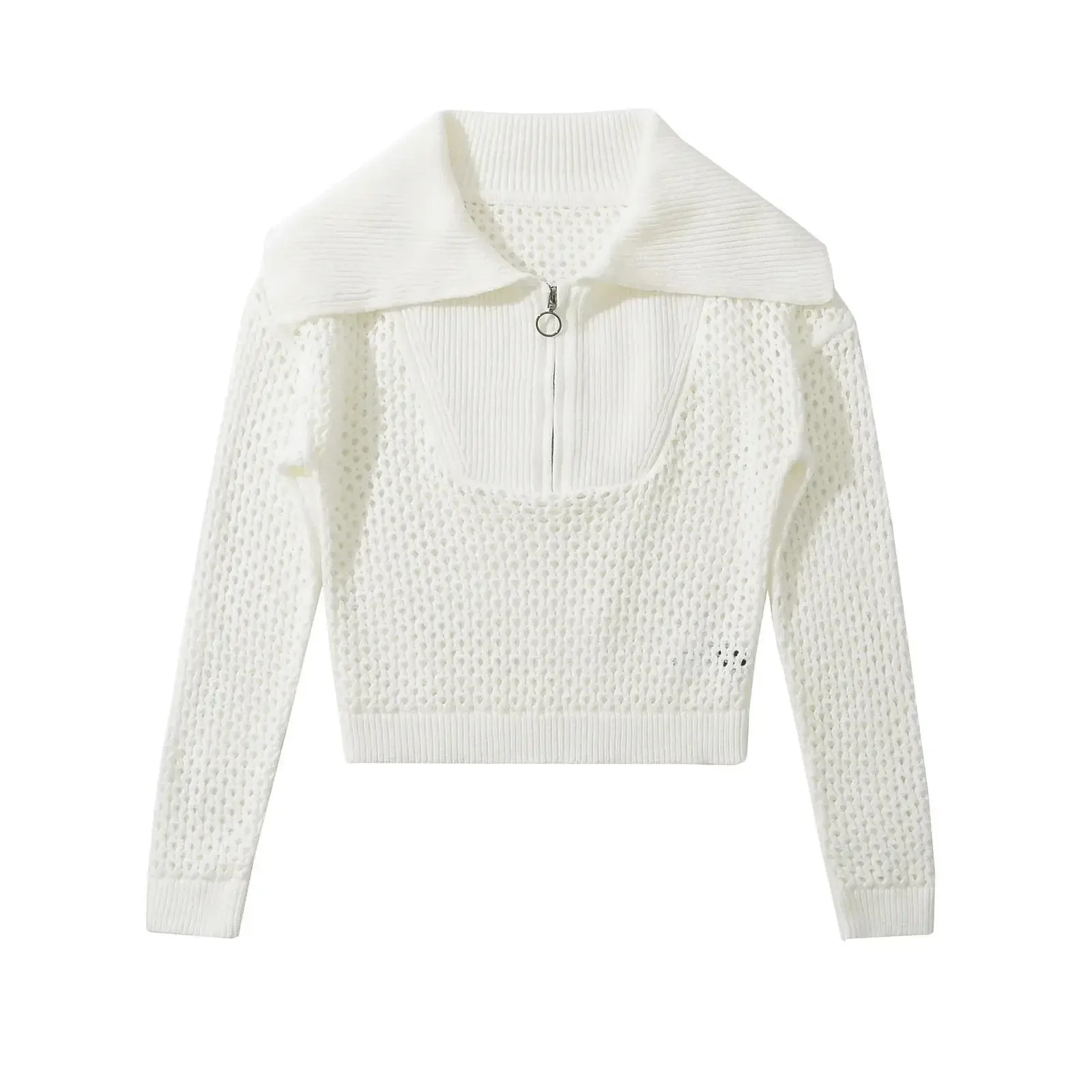 Женский свитер с отложным воротником и ажурным дизайном топы застежкой-молнией