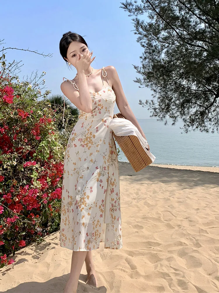 

Женское летнее платье, темпераментное французское нишевое платье с разрезом сбоку, свадебное платье с цветочным рисунком Kikyo D3418