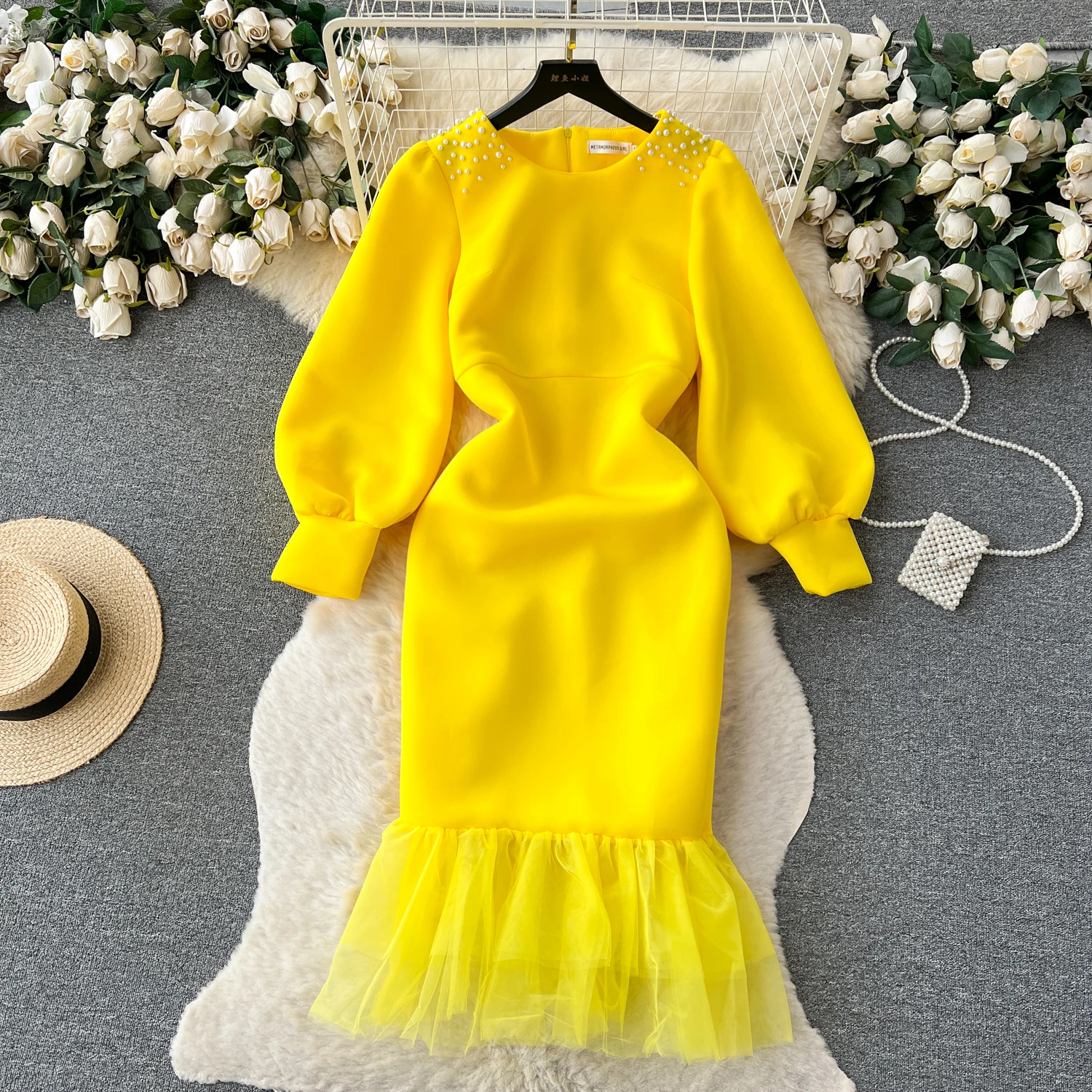 

VANOVICH роскошное платье во французском стиле с О-образным вырезом с вышивкой с поясом женское однотонное темпераментное газовое длинное платье в стиле пэчворк