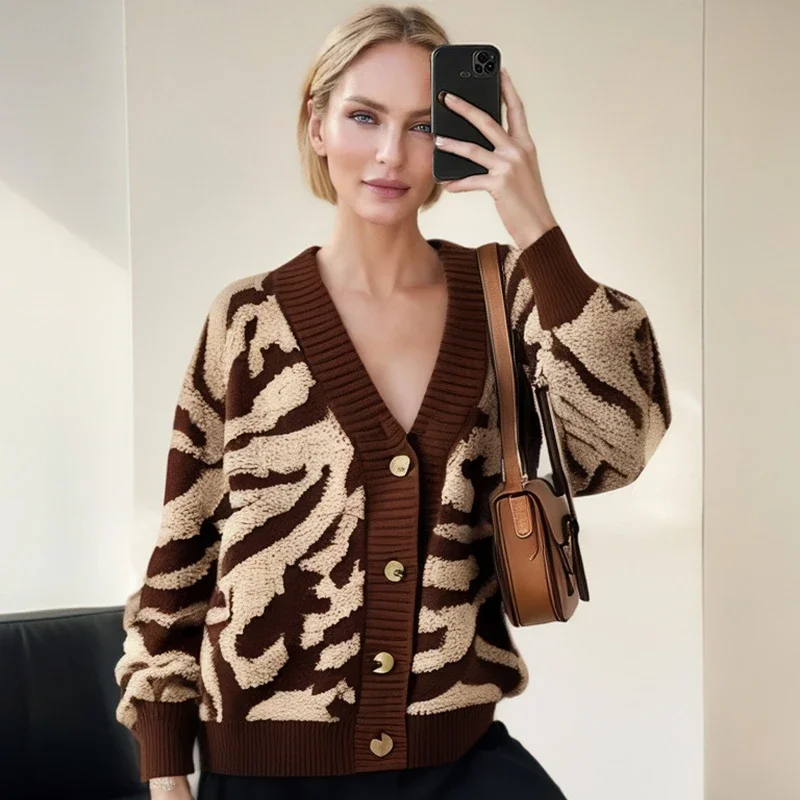 Винтажный женский кардиган трикотаж жаккардовый длинный винтажный вязаный