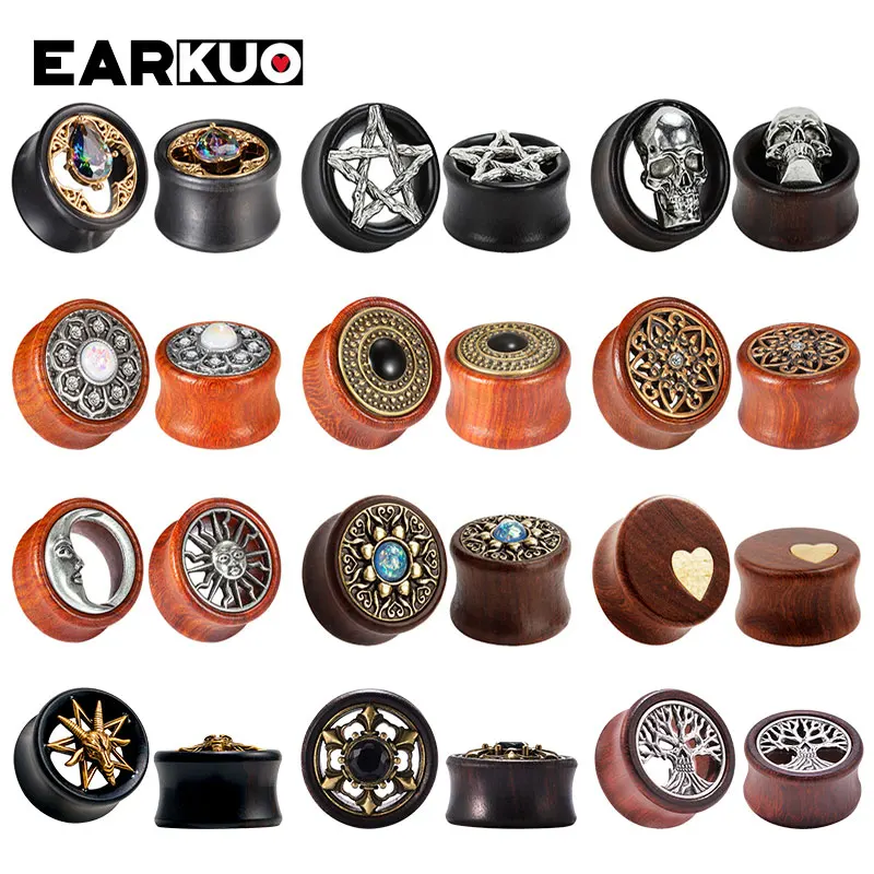 EARKUO Fashionable Style Wood Ear Gauges Tunnels Plugs Piercing Body Jewelry Earring Expanders Stretchers For Women Men 2PCS